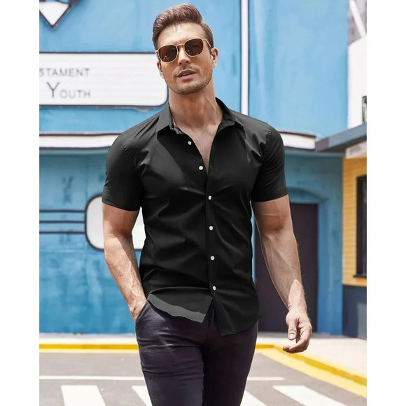 ❤️Men's Black Dress Shirts  Wrinkle-Free Short Sleeve Casual Button Down Shirt - Picture 3 of 7
